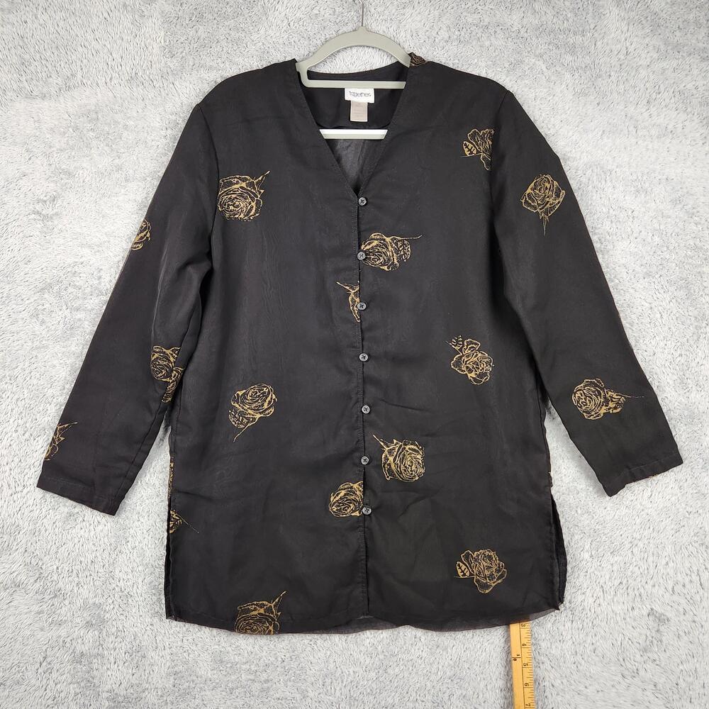 Vintage Together Blouse Womens Medium Black Rose Print Sheer Tunic USA 90s Boho